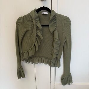 Zara Sage Green Ruffle Trim Cardigan